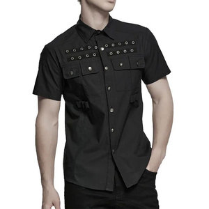 Gothic Punk Men's Short Sleeve Shirt <b>Metal</b> Eyelet Pocket Detailing Black Slim Fit Streetwear Cotton Shirts - Product Image 1