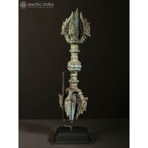 16-Inch Brass Tibetan Buddhist Vajra Dorje Sculpture Decorative Brass Sculpture on Wood <b>Stand</b> - Product Image 4