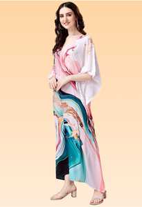 Vestido corto tipo caftán para mujer – Azul pastel con estampado floral abstracto de colores, túnica de corte holgado. - Product Image 2