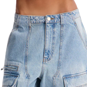 Women <b>Light</b> Blue Washed Denim Cargo Shorts Wide Leg Casual Mid Multi Pocket Summer Fashion Breathable Quick Dry Loose Fit Knee - Product Image 3