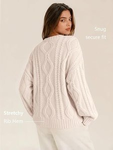 Pull en tricot torsadé pour femme, couleur beige unie, col rond, manches longues, coupe ample, pull chaud en tricot pour l'hiver - Product Image 6