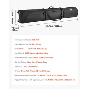 Bolsa de Transporte para Esquí con Ruedas, 74.8 Pulgadas/190 cm, Acolchada, para Snowboard, Viajes en Avión, Tela Oxford Impermeable 600D, Correas para Fijaciones - Product Image 4