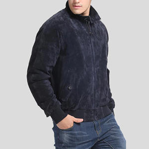 Blouson en daim bleu marine pour homme, col montant, style bomber, en daim de chèvre souple de luxe, coupe ajustée, vêtement d'extérieur décontracté - Product Image 4