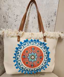 Bohemian Embroidered Mandala Tote Bag with Pom-Pom Accents and Fringe Trim - Product Image 1
