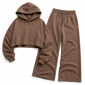 Ensemble de survêtement ONE APEX pour femme, coupe droite, pantalon large, en molleton épais 100 % coton, couleur marron cacao, séchage rapide - Product Image 3