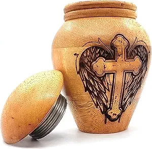 Urna de madera con forma clásica, grabada a mano, recipiente de madera artesanal, recuerdo religioso decorativo - Product Image 4