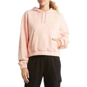 Sudadera con capucha corta de forro polar oversize gris para mujer, estilo urbano, de longitud corta, para invierno, con logo frontal, informal, OEM - Product Image 1