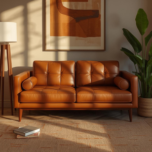 Sofá Loveseat de Cuero Genuino de Vaca, Estilo Moderno de Mediados de Siglo, con Cojín Decorativo, para Sala de Estar - Product Image 3