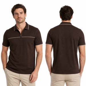 Polo marrón premium con ribete beige, camisa con cremallera de un cuarto para hombre, jersey deportivo de golf de secado rápido - Product Image 4