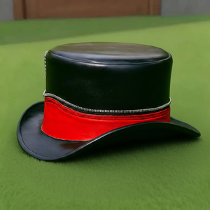 Premium quality custom made Handmade Black & Red Leather top <b>Hat</b> <b>Steampunk</b> with Brass Zipper - Product Image 4