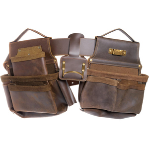 Brown Leather <b>Tool</b> <b>Belt</b> With Multiple Pockets And Adjustable Strap For Workshop Use - Product Image 1