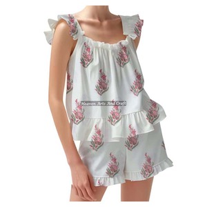 Cotton Hand Block Printed Floral Shorts Pajama Set Ruffle Sleeve Spring/Summer Floral Fitted Strappy Ruffle <b>Trim</b> Sleeves PJ Set - Product Image 2
