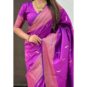 Sari Tradicional Paithani de Seda Morada Elite Weaves, 650g, Tejido Doble Zari, Ropa India y Pakistaní - Product Image 1