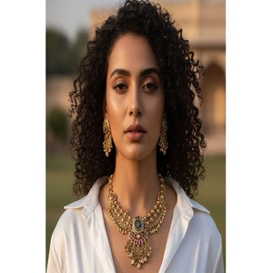 Exclusivo Juego de Collar y Pendientes Rajwadi de Moda, Chapado en Oro, con Incrustaciones de Kundan, Moissanita y Latón de Primera Calidad, para Mujer, Bodas y Fiestas - Product Image 1