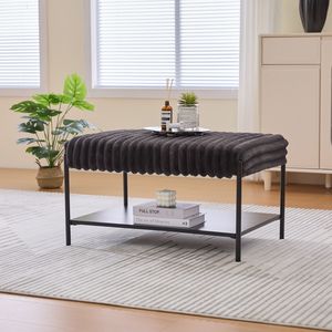 Repose-pieds ottoman en fausse fourrure de 30,7 pouces de large avec pieds en métal noir, étagère de rangement ouverte en bois, tabourets et ottomanes - Product Image 3