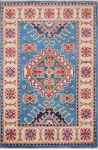 Alfombra Persa Anudada a Mano Kazak, Geométrica, Azul, Blanca, Multicolor, de Lana Ecológica, Antideslizante, de Pelo Medio, para Sala de Estar o Bar - Product Image 2