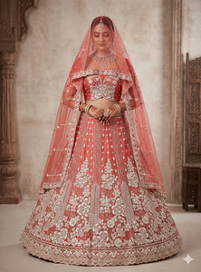 ชุดเลเฮนกาสีชมพูหัวหอมสุดหรู งานปักดิ้นเงินและประดับด้วยหินอย่างประณีต ผ้าไหมพรีเมียมสำหรับงานแต่งงาน พร้อมผ้าคลุมตาข่าย - Product Image 2