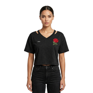Latest Design Custom Rose Embroidery Patch Crop <b>Top</b> women's shirt Custom Logo Breathable V-Neck Crew Women Crop Tee Short Sleeve - Product Image 1