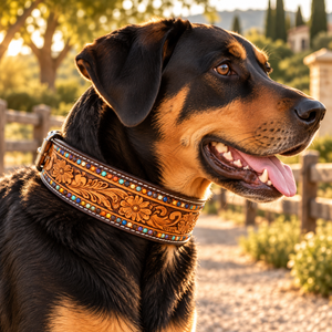 Collar de Cuero Repujado Estilo Western para Perro, Multicolor con Tachuelas y Diseño Floral |   Collar Canino Ajustable con Hebilla Tallada a Mano - Product Image 2