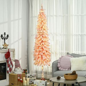 Árbol de Navidad delgado de 7 pies, preiluminado con luces LED, color rosa, con ramas descendentes y efecto de nieve. - Product Image 2