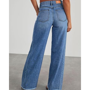 Jean taille haute pour femme, coupe large, en denim extensible à ourlet brut, style décontracté, vente en gros - Product Image 2