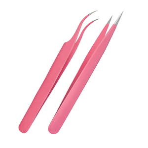 Ensemble de pinces à extensions de cils, 2 pièces, pointes droites et courbées, applicateur de cils en acier inoxydable rose, outil de beauté de précision - Product Image 2