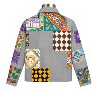 Chaqueta de Trabajo Personalizada con Mosaico Gris, Estampado Floral Artístico y Colorido, Cierre de Botones, Estilo Casual Urbano con Bolsillos Utilitarios - Product Image 2