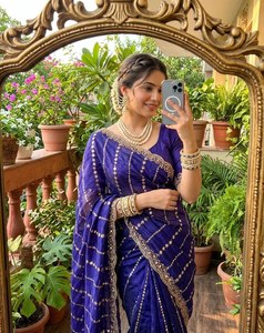Very Soft nd Elegant Rich look fandy satin fabric with beautiful hand embroidery cutdana sequence work lehariya on border - Product Image 5