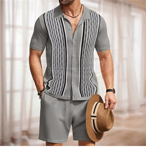 Men's Breathable 2-Piece <b>Knitted</b> <b>Set</b>-Short Sleeve Solid Shirt and Shorts Casual Summer Beach Wear 100% Polyester - Product Image 6
