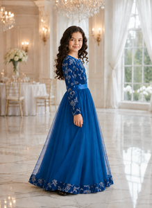 Blue Summer Children <b>Girls</b> Formal Long Sleeve Floral Embroidered Tulle <b>Maxi</b> <b>Dress</b> for Banquet Party Festival - Product Image 3
