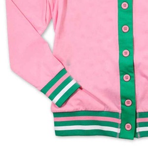 Cardigan tricoté rose pour femmes, col en V, manches longues, bordure verte contrastée, haut décontracté toutes saisons - Product Image 4