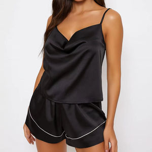 Ensemble de pyjama décontracté en satin pour femme, manches courtes, col en V, imprimé numérique, longueur intégrale, respirant, taille élastique, idéal pour l'été - Product Image 1