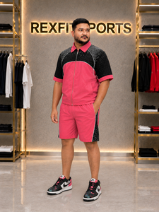 REXFIT SPORTS 2026 Ensemble de survêtement rose et noir personnalisé, veste zippée à manches courtes et short long, deux pièces, style streetwear - Product Image 4