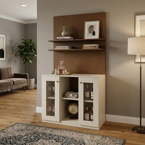 Buffet de cuisine moderne bicolore en bois, blanc cassé, avec étagères ouvertes et portes vitrées, meuble de bar à café, mobilier de salle à manger - Product Image 4