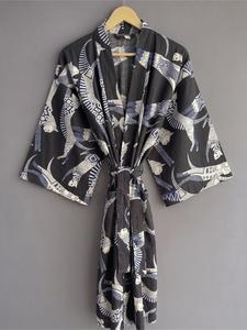 Nouvelle Arrivée Robe Kimono Femme en Coton Pur à Imprimé Floral, Manches Trois-Quarts, Coupe Ample, Enroulée sur le Devant, Ceinturée, Longue, Tissée - Product Image 2