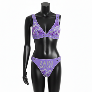 Premium Poly Spandex Women <b>Bikini</b> Set Soft Stretch Purple Panel Design <b>Rhinestone</b> Heat Transfer Logo women for <b>Bikini</b> Set - Product Image 1