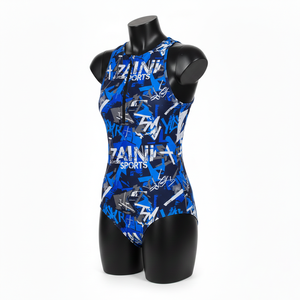 Maillot de bain en nylon et élasthanne de qualité supérieure, tissu extensible, bleu noir, imprimé intégral, fermeture éclair sur le devant, logo personnalisé, pour femme. - Product Image 3