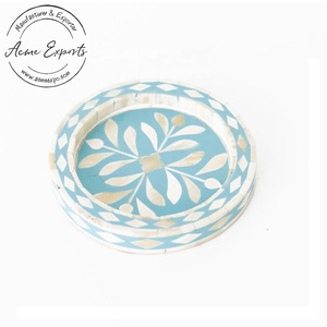Elegante bandeja redonda con incrustaciones de hueso azul con diseño de hojas, ideal para decoración del hogar, exhibición de centro de mesa y servicio de mesa de lujo - Product Image 1