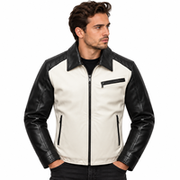 Blouson moto en cuir véritable noir et crème pour homme, col rabattu, fermeture éclair, coupe ajustée, manches classiques, couleur unie, automne
