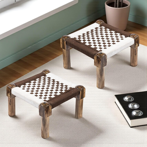 Tabouret Charpai en bois artisanal, petit siège tressé, ottoman indien traditionnel, repose-pieds, décoration rustique pour la maison, meubles en gros - Product Image 5