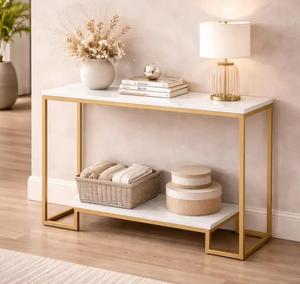 Modern Marble Top <b>Console</b> <b>Table</b> With <b>Gold</b> Metal Frame Two Tier Entryway Decor Storage Shelf Indoor Home Accent Furniture - Product Image 1