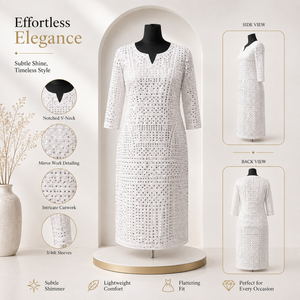 Women White Rhinestone Studded Midi Dress Split Neck Three Quarter Sleeve Bodycon Crystal Embellished Cocktail Party Formal - Product Image 4