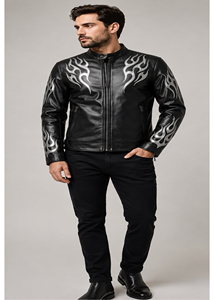 Chaqueta de Motocicleta Casual de Invierno para Hombre, de Piel de Oveja, Resistente al Viento, Impermeable, Transpirable y Ecológica, Color Negro Plata Flame American - Product Image 2