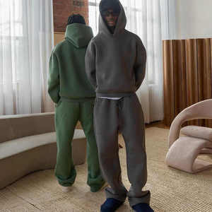 Men Fleece Sweatshirt Set Solid Color Hoodie Pants Casual Autumn Wear 100% Cotton Knitted <b>Tracksuit</b> Regular Fit - Product Image 1