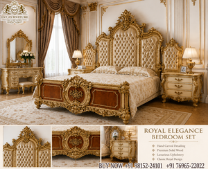 Prestigious Neapolitan Style Solid Teak Wood Hand Carved Gold <b>Frame</b> Victorian Sleigh <b>Bed</b> King <b>Size</b> - Product Image 6