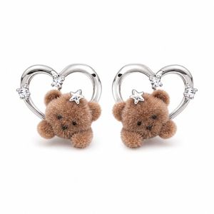 Bear Earrings with Plush Flocking Texture and Zircon Heart for Korean Fashion Autumn Winter Women Stud Jewelry - Product Image 2