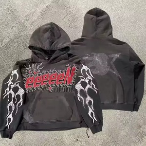 Sweat à capuche streetwear pour homme personnalisé en molleton 100% coton, style rétro délavé, imprimé 3D avec strass, coupe lourde, effet délavé à l'acide - Product Image 1