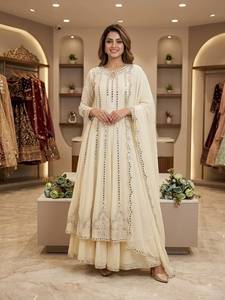 Cream Embroidered Anarkali Evening <b>Dress</b> Long Sleeve Maxi Party Wear Women - Product Image 3
