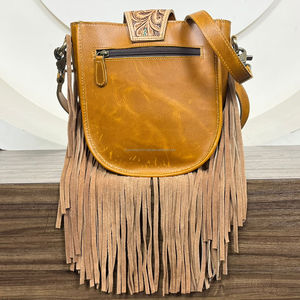 Wholesale Custom Genuine Cowhide Hand Tooled Leather Fringe Shoulder Bag Adjustable Strap Crossbody <b>Handbag</b> Purse for Women's - Product Image 5