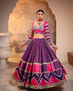 Pink Purple Cotton Lehenga Choli Block Print Embroidered Blouse Crop <b>Top</b> Pleated Floor-Length Skirt <b>Indian</b> Wedding Party Dress - Product Image 1